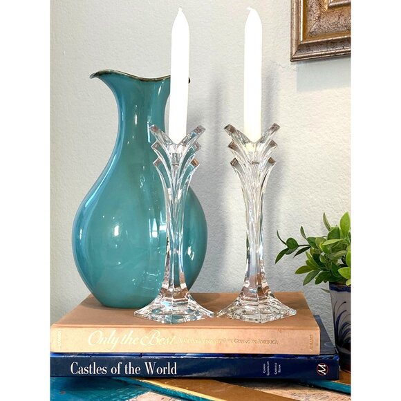 Mikasa Lead Crystal Candlesticks 1980s Germany 9.5 Inches Deco Set/2